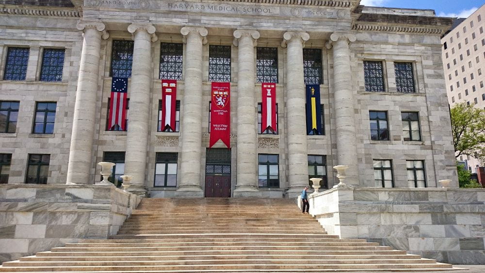 Gordon Hall at Harvard Medical School with banners