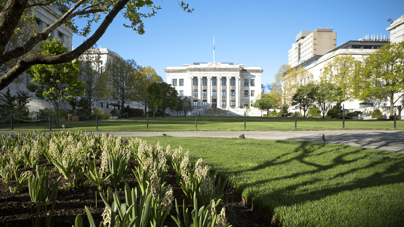 Lawn view of Gordon Hall at Harvard Medical School